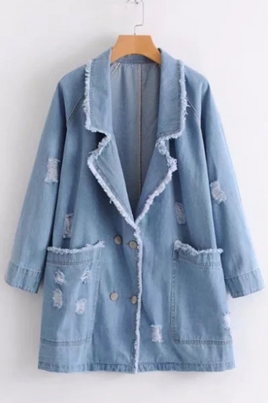 Leisure Raw Edged Notched Lapel Oversize Pockets Double Breasted Ripped Denim Coat
