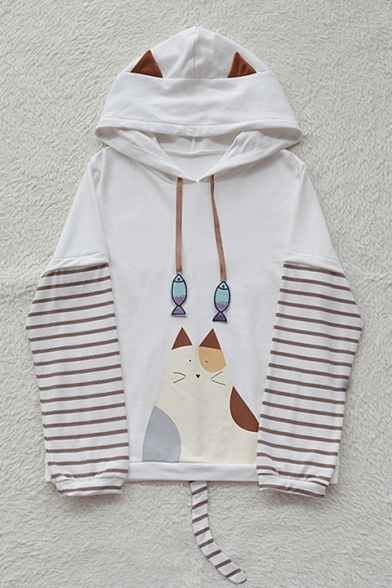 Lovely Cartoon Cat Printed Stripes Color Block Long Sleeve Tail Detail Hooded Tee