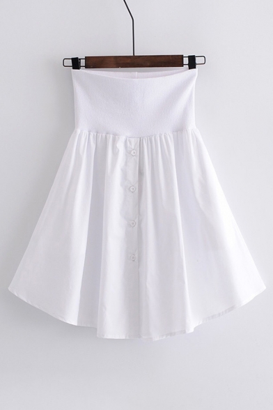 New Fashion Simple Plain Gathered Waist Button Skirt
