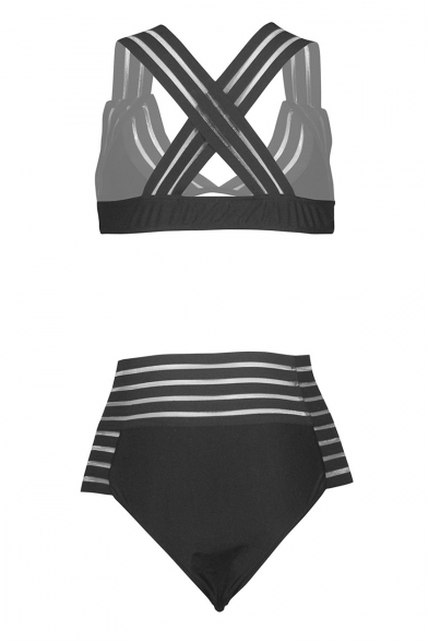 New Fashion Striped Print Mesh Insert Sexy Bikini