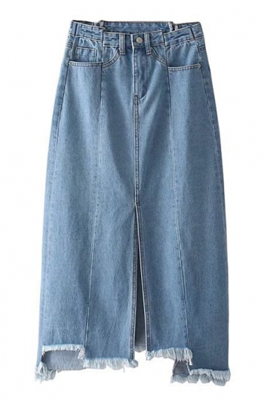 New Trendy Zip Fly Plain Asymmetric Frayed Hem Split Front Denim Skirt