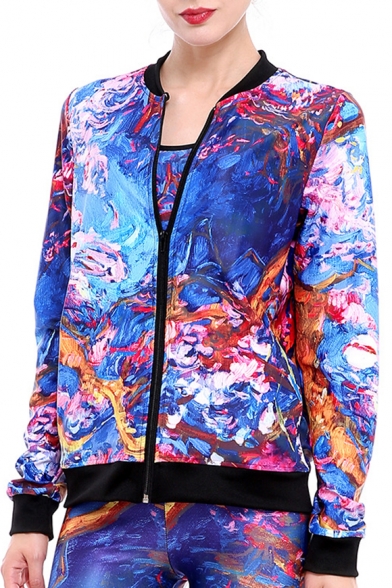 Pop Fashion Oil-Painting Color Block Contrast Trim Zippered Jacket with Pockets