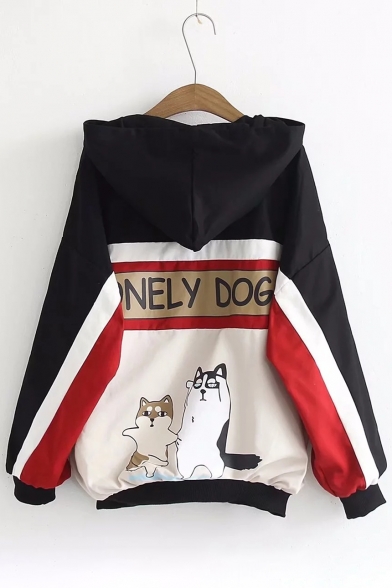 Popular Dog Cartoon Letter Printed Color Block Hooded Zippered Coat