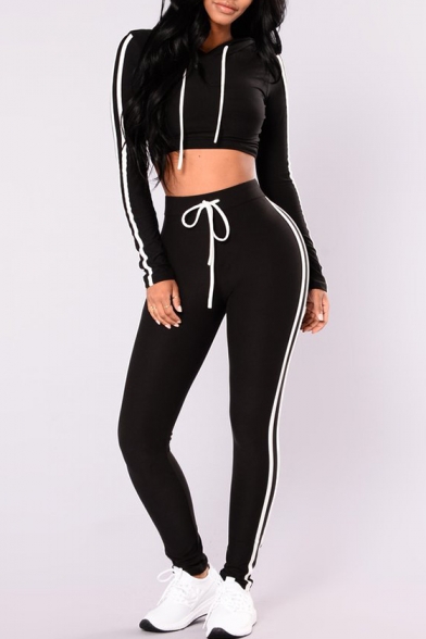 Sexy Long Sleeves Striped Pattern Cropped Hoodie with Drawstring Waist Slim-Fit Pants