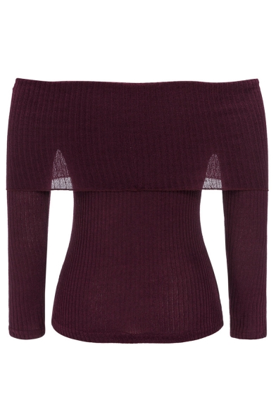Simple Plain Off the Shoulder Ribbed Knitted Long Sleeves Slim-Fit Sweater