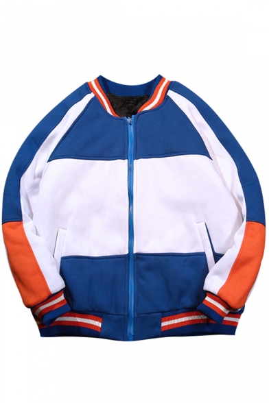 Sport Style Color Block Striped Long Sleeves Zippered Baseball Jacket with Pockets