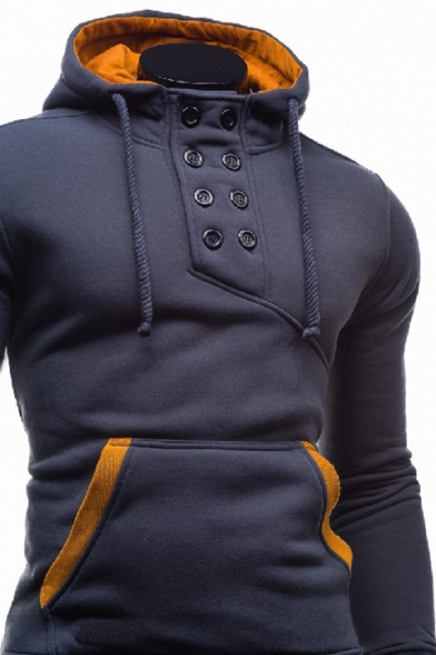Sportive Button Front Long Sleeves Pullover Drawstring Men's Hoodie with Pocket