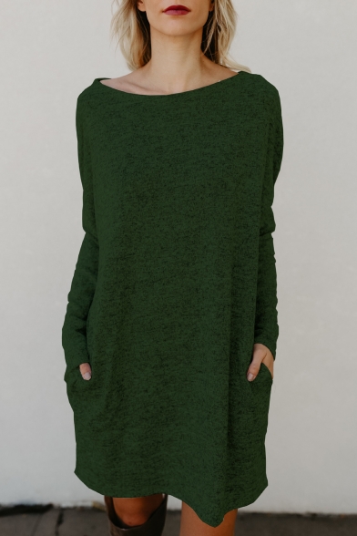 Winter Fashion Boat Neck Long Sleeves Plain Double Pockets Pullover Knitted Dress