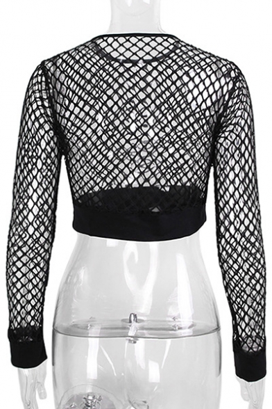 Women's Fashion Round Neck Plain Fishnet Hollow Out Sexy Cropped Tee