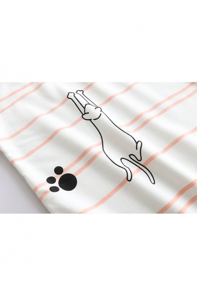 Cartoon Cat Striped Print Round Neck Casual Tee