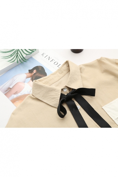 Cartoon Figure Japanese Print Pocket Bow Front Long Sleeve Lapel Shirt