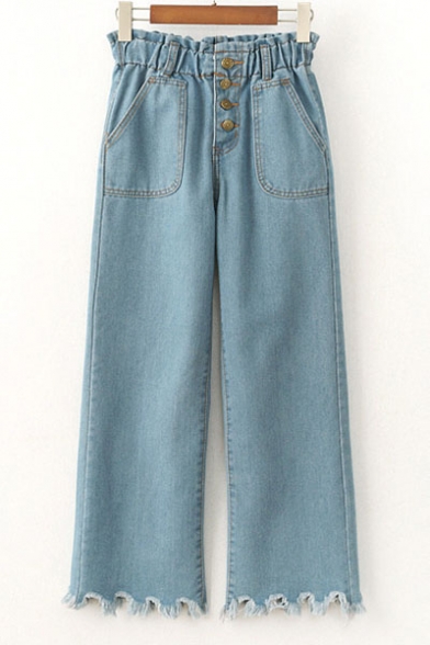 Casual Elastic Waist Button Fly Ripped Hem Pockets Wide Leg Jeans