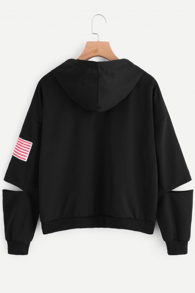 Casual Letter Flag Printed Cutout Hollow Long Sleeves Pullover Hoodie