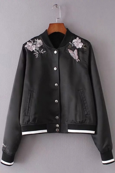 Chic Floral Butterfly Embroidered Single Breasted Stand-Up Collar Long Sleeve Jacket