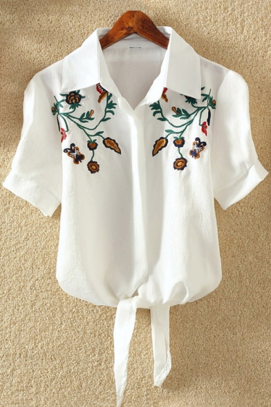 Chic Floral Embroidered Short Sleeves Lapel Button Bow Tie-Front Cropped Shirt
