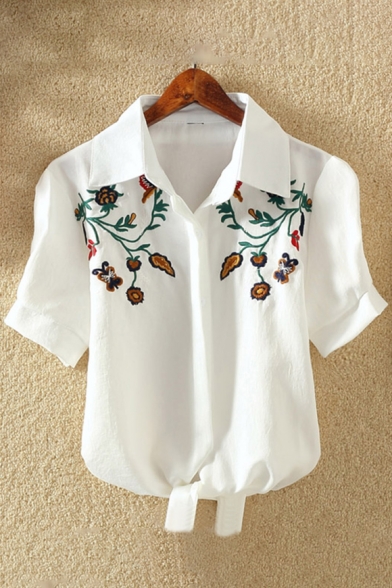 Chic Floral Embroidered Short Sleeves Lapel Button Bow Tie-Front Cropped Shirt