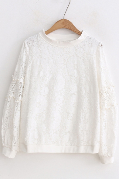 Chic Plain Hollow Beaded Long Sleeve Round Neck Lace Blouse