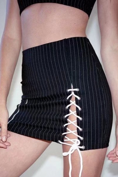 Chic Striped Pattern High Waist Lace-up Hem Slim-Fit Bodycon Mini Skirt