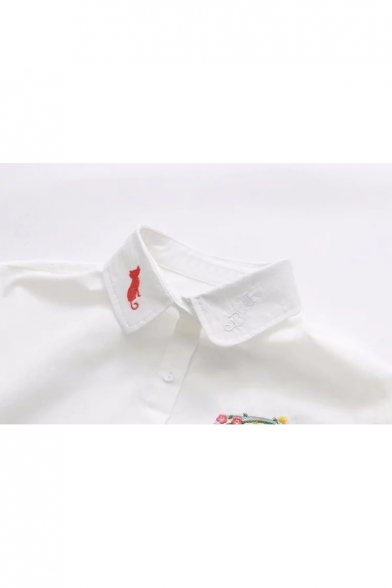 Fancy Cartoon Cat Embroidered Point Collar Long Sleeves Button Down Shirt