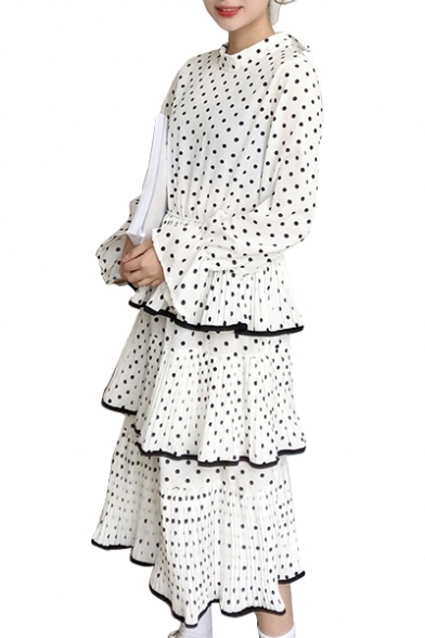 Fancy Polka Dot Pattern High Neck Bell Sleeves Midi Tiered Layered Dress