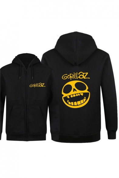 Fancy Smiling Skull Letter Printed Long Sleeves Zippered Hoodie with Pockets