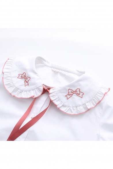 Fashion Bow Embroidered Peter Pan Collar Long Sleeve Button Down Shirt
