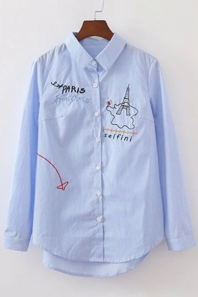 Fashion Embroidery Letter Print Long Sleeve Button Down Lapel Shirt