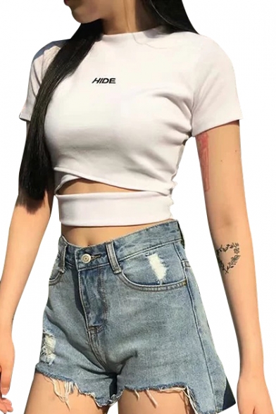 Fashionable Letter Print Hollow Out Front Short Sleeve Cropped Tee