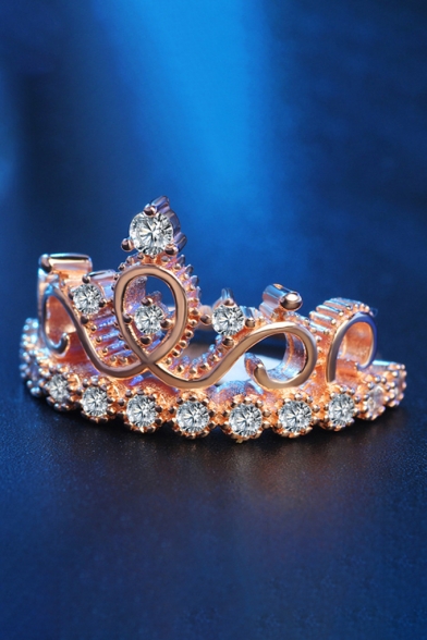 Crown Shaped Diamond Studded Rose Gold Finish Slim Shank Ring