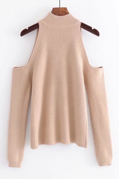 Ladylike Cold Shoulder High Neck Long Sleeves Beaded Ribbed Knitted Pullover Sweater