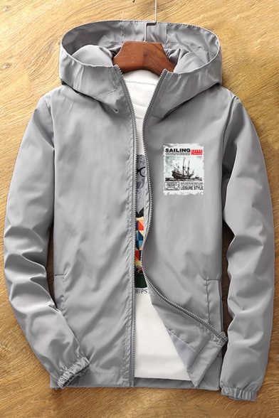 New Stylish Boat Letter Print Long Sleeve Zipper Hooded Coat