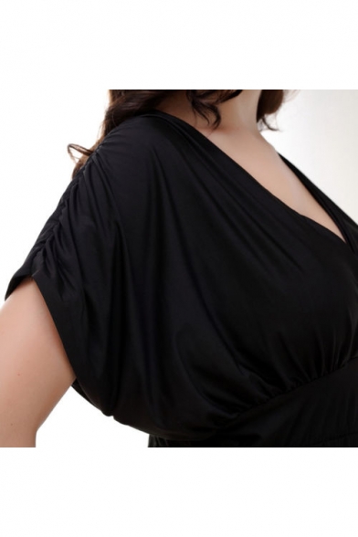 New Stylish Plunge Neck Elastic Waist Plain Maxi Short Sleeve Dress