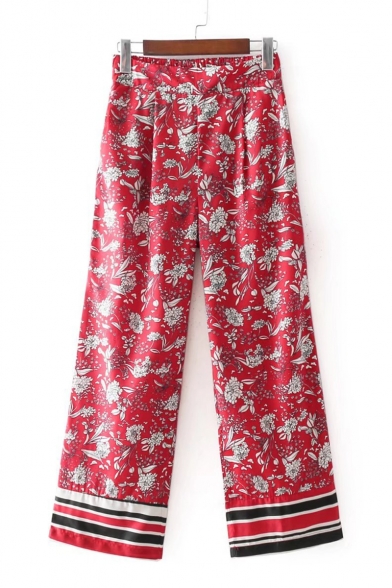 Peasant Floral Pattern Striped Hem Wide Leg Elastic Waist Pants