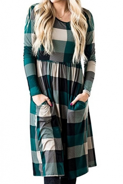 Peasant Round Neck Long Sleeves Checkered Plaids T-shirt Midi Dress with Pockets