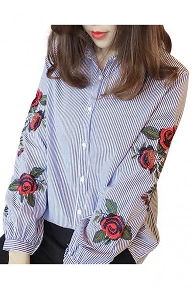 Pop Fashion Floral Embroidered Point Collar Long Sleeves Button Down Striped Shirt