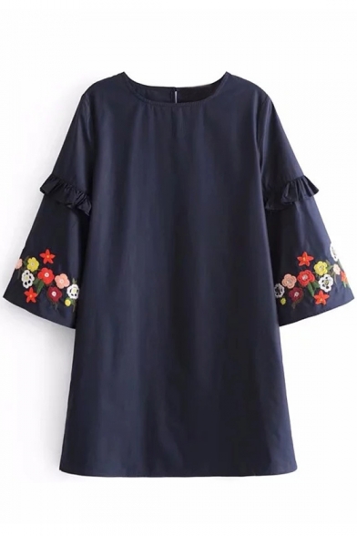 Popular Floral Embroidered Round Neck Ruffle Sleeves Single Button Back Swing Mini Dress