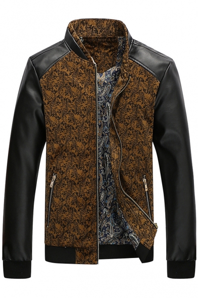 Trendy Baroque Symbol Pattern Color Block PU Patchwork Zippered Jacket with Pockets