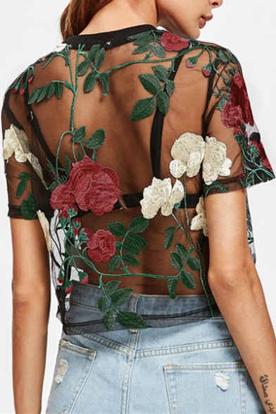 Trendy Floral Embroidery Round Neck Mesh Patched Short Sleeves Cropped Tee
