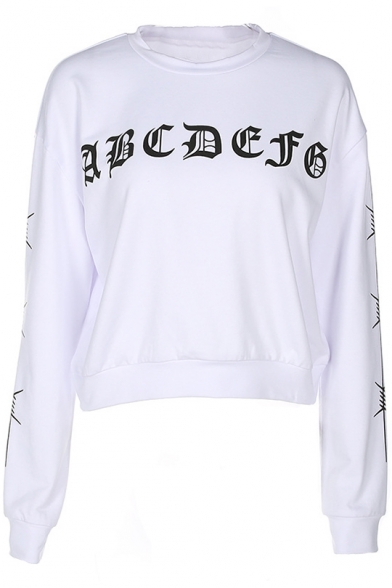 Trendy Letter Pattern Round Neck Long Sleeves Pullover Cropped Sweatshirt