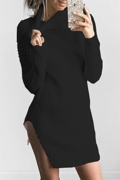 Winter Collection Turtleneck Long Sleeves Split Hem Knitted Mini Slim-Fit Sweater Dress