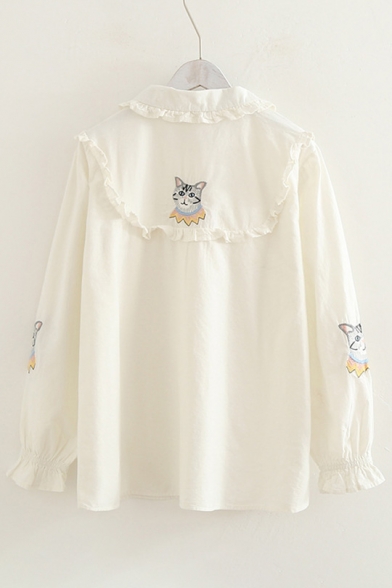 Cartoon Cat Embroidered Long Sleeve Peter Pan Collar Ruffle Detail Shirt