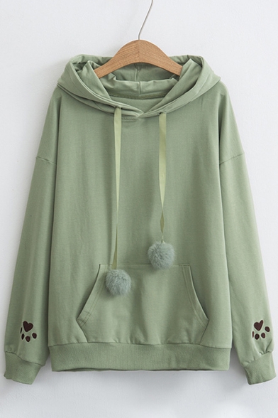 Cartoon Cat's Paw Embroidered Long Sleeve Hoodie with Pockets