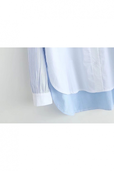 Chic Color Block Striped V-Neck Long Sleeve Single Breasted Dip Hem Shirt