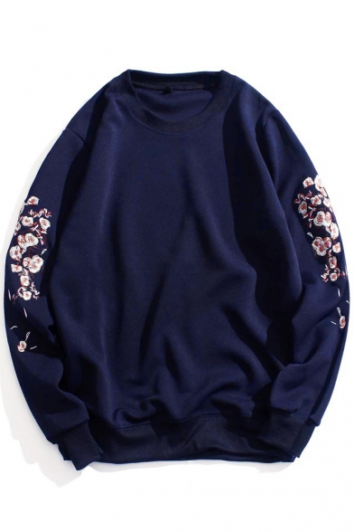 Chic Floral Print Long Sleeve Round Neck Pullover Sweatshirt