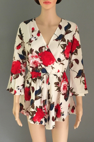 Chic Floral Print V-Neck Long Sleeve Drawstring Waist Rompers