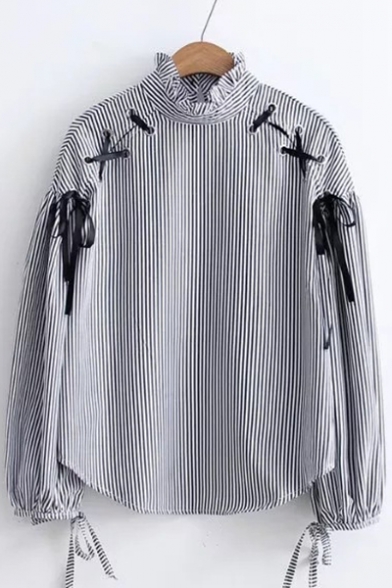 Chic Striped Pattern High Ruffle Neck Attached Lacing Bow Cuffs Long Sleeves Blouse
