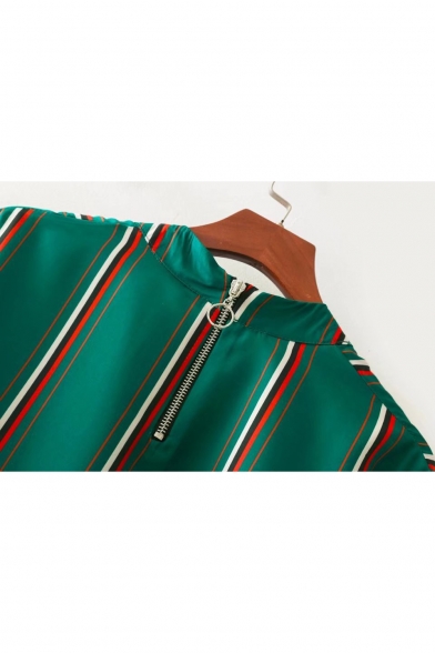 Classic Striped Print Round Neck Long Sleeve Drawstring Waist Blouse