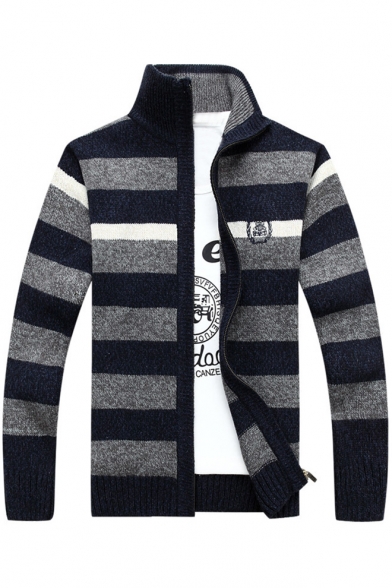 Classic Striped Zipper Long Sleeve Stand-Up Collar Cardigan