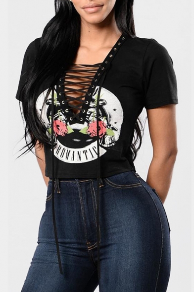 Cool Gun Floral Letter Graphic Printed Lace-up V-Neck Cropped Tee