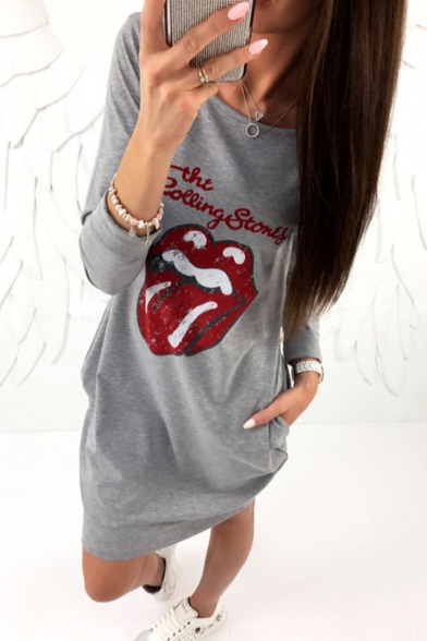 Cool Mouth Lips Letter Printed Round Neck Long Sleeves T-shirt Dress with Pockets